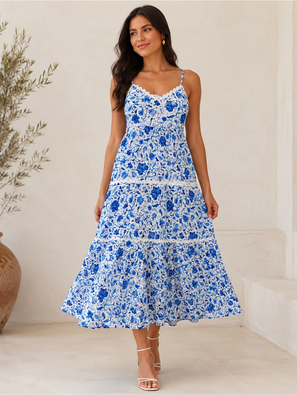 Destination 365 Printed Sleeveless Knit Maxi Dress with Lace Trim M New A641419